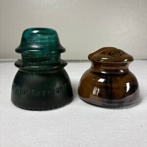 Vintage Electrical Insulator Pair Hemingray 42 Aqua Glass + Brown Ceramic